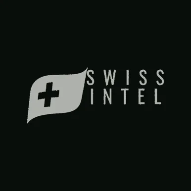Swiss Intel wordmark on a dark graphite blueprint card